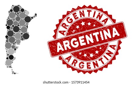 Mosaic Argentina map and round stamp. Flat vector Argentina map mosaic of scattered round items. Red stamp with grunged surface. Designed for political and patriotic purposes.