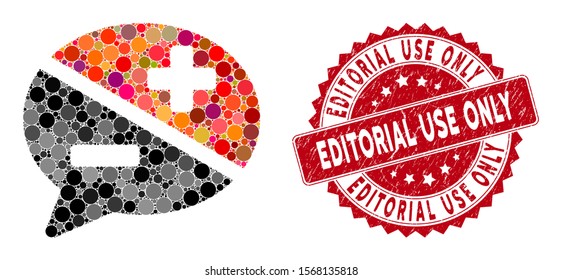 Mosaic arguments and distressed stamp seal with Editorial Use Only phrase. Mosaic vector is composed with arguments icon and with randomized circle spots. Editorial Use Only stamp seal uses red color,