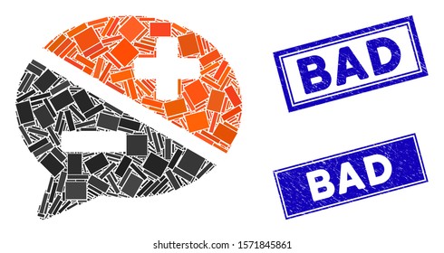 Mosaic arguments pictogram and rectangle Bad seal stamps. Flat vector arguments mosaic pictogram of random rotated rectangle items. Blue Bad rubber stamps with scratched textures.