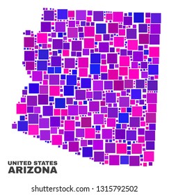 Mosaic Arizona State map isolated on a white background. Vector geographic abstraction in pink and violet colors. Mosaic of Arizona State map combined of scattered square items.