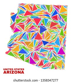Mosaic Arizona State map of triangles in bright colors isolated on a white background. Triangular collage in shape of Arizona State map. Abstract design for patriotic purposes.