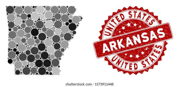 Mosaic Arkansas State map and circle seal stamp. Flat vector Arkansas State map mosaic of randomized circle items. Red stamp imprint with distress texture.