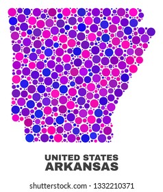 Mosaic Arkansas State map isolated on a white background. Vector geographic abstraction in pink and violet colors. Mosaic of Arkansas State map combined of random round dots.