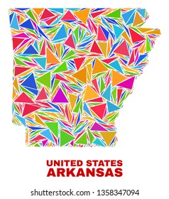 Mosaic Arkansas State map of triangles in bright colors isolated on a white background. Triangular collage in shape of Arkansas State map. Abstract design for patriotic purposes.