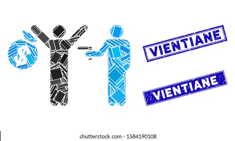Mosaic armed robbery icon and rectangle Vientiane seal stamps. Flat vector armed robbery mosaic icon of scattered rotated rectangle elements. Blue Vientiane stamps with grunge texture.
