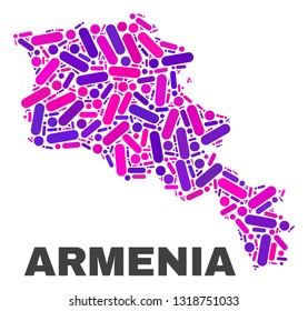 Mosaic Armenia map isolated on a white background. Vector geographic abstraction in pink and violet colors. Mosaic of Armenia map combined of scattered round dots and lines.