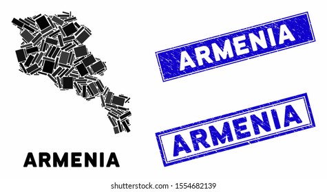 Mosaic Armenia map and rectangle rubber prints. Flat vector Armenia map mosaic of randomized rotated rectangle items. Blue caption rubber stamps with distress surface.