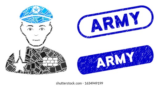 Mosaic army general and distressed stamp watermarks with Army phrase. Mosaic vector army general is formed with random rectangle items. Army stamp seals use blue color, and have round rectangle shape.