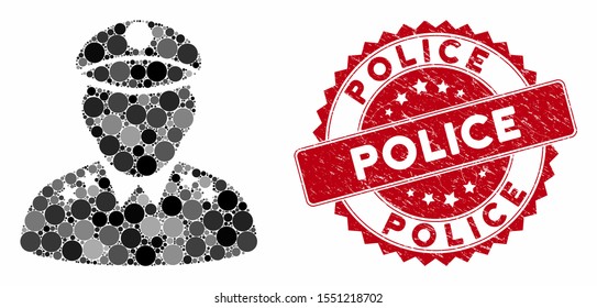 Mosaic Army General And Grunge Stamp Seal With Police Text. Mosaic Vector Is Composed With Army General Icon And With Random Circle Elements. Police Stamp Uses Red Color, And Rubber Design.