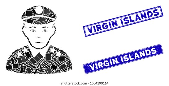 Mosaic army general icon and rectangle Virgin Islands seals. Flat vector army general mosaic icon of random rotated rectangle items. Blue Virgin Islands seals with rubber textures.