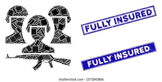 Mosaic army icon and rectangle Fully Insured stamps. Flat vector army mosaic icon of randomized rotated rectangle elements. Blue Fully Insured seals with corroded surface.