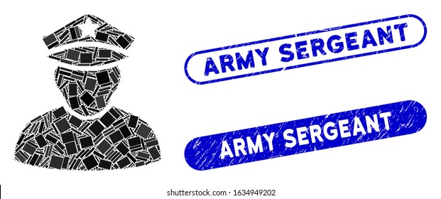 Mosaic army sergeant and rubber stamp seals with Army Sergeant phrase. Mosaic vector army sergeant is formed with randomized rectangle items. Army Sergeant stamp seals use blue color,