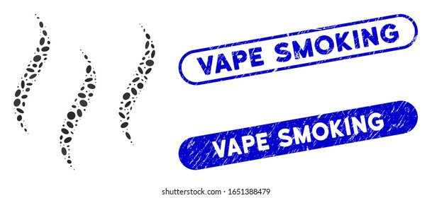 Mosaic aroma steam and grunge stamp seals with Vape Smoking phrase. Mosaic vector aroma steam is composed with random oval spots. Vape Smoking stamp seals use blue color,