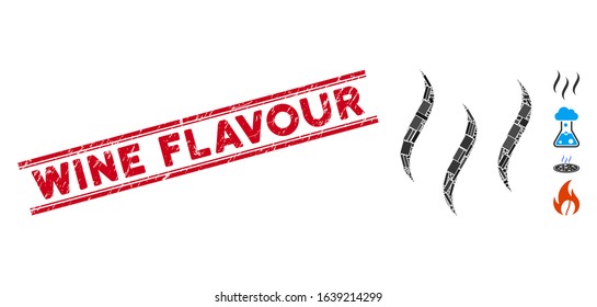Mosaic aroma steam pictogram and red Wine Flavour seal stamp between double parallel lines. Flat vector aroma steam mosaic pictogram of randomized rotated rectangular items.
