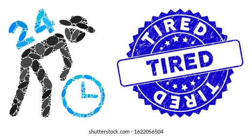 Mosaic around the clock working gentleman icon and rubber stamp seal with Tired text. Mosaic vector is formed with around the clock working gentleman icon and with random ellipse spots.