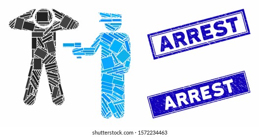 Mosaic arrest pictogram and rectangle Arrest seal stamps. Flat vector arrest mosaic pictogram of random rotated rectangular items. Blue Arrest seal stamps with distress surface.