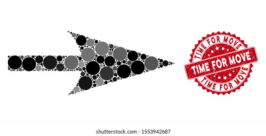 Mosaic arrow axis x and rubber stamp seal with Time for Move text. Mosaic vector is created from arrow axis x icon and with randomized circle elements. Time for Move stamp seal uses red color,