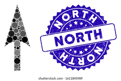 Mosaic arrow axis y icon and grunge stamp watermark with North text. Mosaic vector is designed with arrow axis y icon and with scattered spheric spots. North stamp uses blue color,
