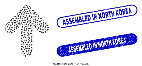 Mosaic arrow up and distressed stamp seals with Assembled in North Korea phrase. Mosaic vector arrow up is formed with scattered oval parts. Assembled in North Korea stamp seals use blue color,