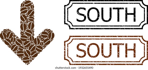 Mosaic arrow down composed of coffee seeds, and grunge South rectangle seals with notches. Vector coffee items are arranged into abstract illustration arrow down icon with brown color.