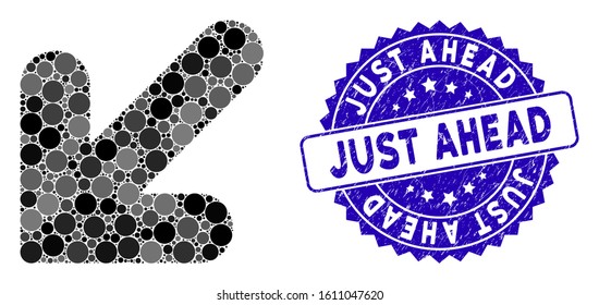 Mosaic arrow down left icon and distressed stamp watermark with Just Ahead text. Mosaic vector is created with arrow down left icon and with scattered spheric elements.
