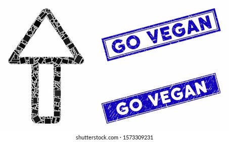 Mosaic up arrow icon and rectangle Go Vegan rubber prints. Flat vector up arrow mosaic icon of scattered rotated rectangle items. Blue Go Vegan rubber stamps with scratched texture.