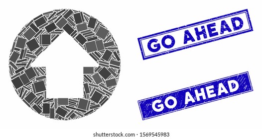 Mosaic up arrow icon and rectangular stamps. Flat vector up arrow mosaic icon of scattered rotated rectangular elements. Blue caption rubber stamps with scratched surface.