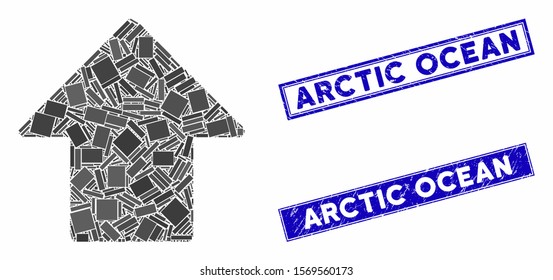 Mosaic arrow up icon and rectangular stamps. Flat vector arrow up mosaic icon of randomized rotated rectangular elements. Blue caption seal stamps with grunged texture.
