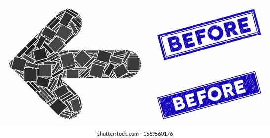 Mosaic arrow left icon and rectangular rubber prints. Flat vector arrow left mosaic icon of randomized rotated rectangular elements. Blue caption rubber seals with dirty textures.