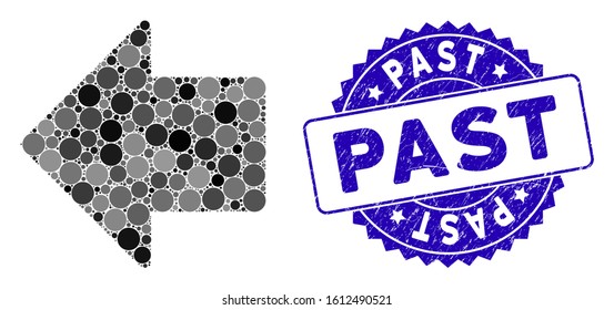 Mosaic arrow left icon and rubber stamp watermark with Past phrase. Mosaic vector is composed with arrow left pictogram and with randomized spheric items. Past stamp uses blue color,