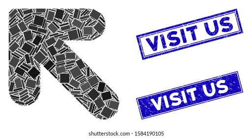 Mosaic arrow up left pictogram and rectangle Visit Us watermarks. Flat vector arrow up left mosaic pictogram of randomized rotated rectangle items. Blue Visit Us rubber stamps with rubber surface.