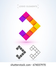 Mosaic arrow logo sign set. Origami paper, material design style.