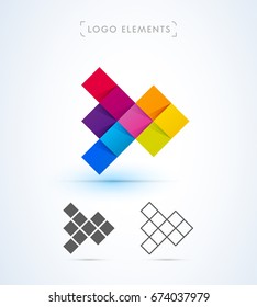 Mosaic arrow logo sign set. Origami paper, material design style.