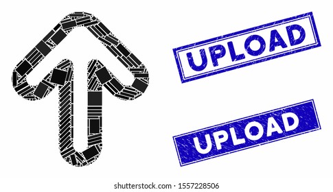 Mosaic up arrow pictogram and rectangle seal stamps. Flat vector up arrow mosaic pictogram of randomized rotated rectangle items. Blue caption stamps with distress texture.