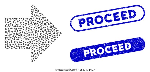 Mosaic arrow right and corroded stamp watermarks with Proceed caption. Mosaic vector arrow right is formed with randomized oval dots. Proceed stamp seals use blue color,