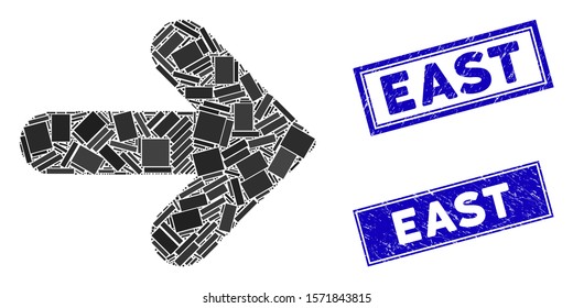 Mosaic arrow right icon and rectangle East rubber prints. Flat vector arrow right mosaic icon of scattered rotated rectangle items. Blue East seals with grunged surface.