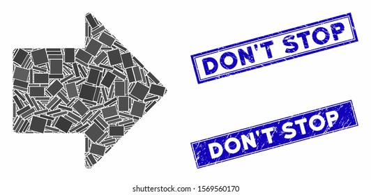 Mosaic arrow right icon and rectangular stamps. Flat vector arrow right mosaic icon of scattered rotated rectangular elements. Blue caption stamp imprints with corroded texture.