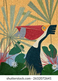Mosaic art composition with pelican and fish. Vector background