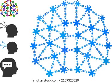 Mosaic artificial brain icon is done for winter, New Year, Christmas. Artificial brain icon mosaic is created with light blue snowflakes. Some similar icons are added.