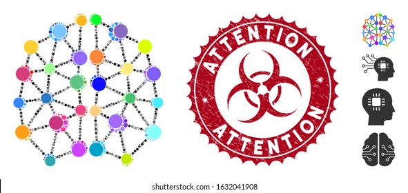 Mosaic artificial brain icon and grunge stamp seal with Attention phrase and biohazard symbol. Mosaic vector is created with artificial brain icon and with random spheric elements.