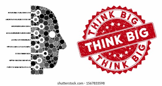 Mosaic artificial intelligence and distressed stamp seal with Think Big caption. Mosaic vector is formed with artificial intelligence icon and with scattered spheric elements.