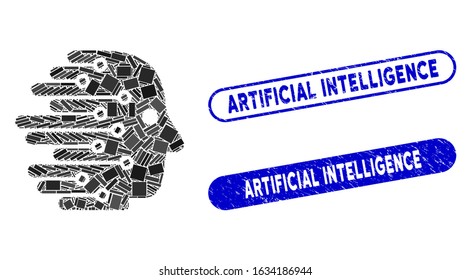 Mosaic artificial intelligence and grunge stamp seals with Artificial Intelligence text. Mosaic vector artificial intelligence is composed with randomized rectangle items.