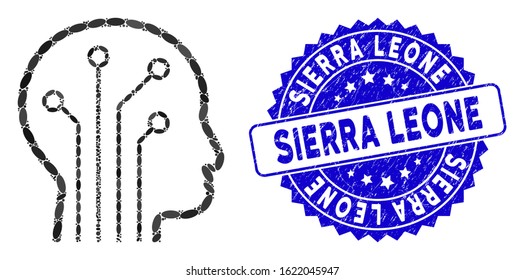 Mosaic artificial intelligence icon and corroded stamp seal with Sierra Leone caption. Mosaic vector is created with artificial intelligence icon and with random oval elements.