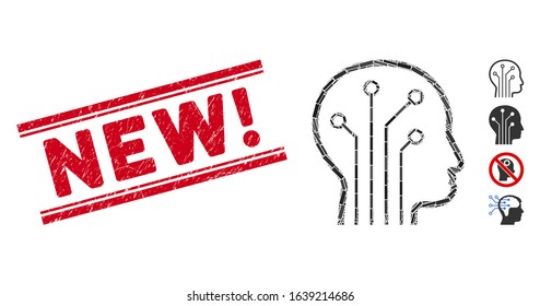 Mosaic artificial intelligence pictogram and red New! seal stamp between double parallel lines. Flat vector artificial intelligence mosaic pictogram of randomized rotated rectangle elements.