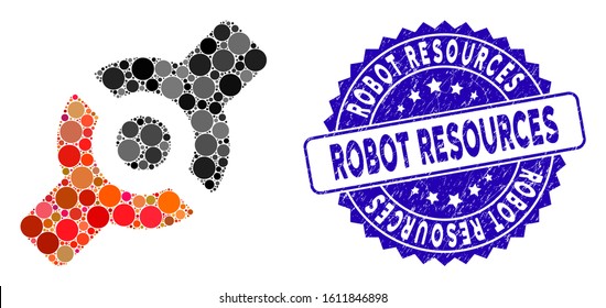 Mosaic artificial joint icon and corroded stamp seal with Robot Resources caption. Mosaic vector is composed from artificial joint icon and with randomized circle spots.