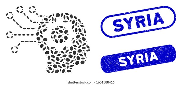 Mosaic artificial mind and corroded stamp seals with Syria caption. Mosaic vector artificial mind is composed with random ellipse items. Syria stamp seals use blue color,