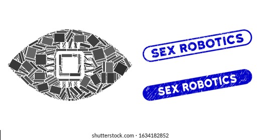 Mosaic artificial vision and grunge stamp seals with Sex Robotics phrase. Mosaic vector artificial vision is created with randomized rectangle items. Sex Robotics stamp seals use blue color,