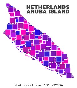 Mosaic Aruba Island map isolated on a white background. Vector geographic abstraction in pink and violet colors. Mosaic of Aruba Island map combined of random square elements.