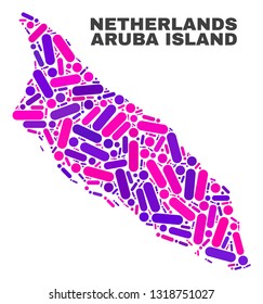Mosaic Aruba Island map isolated on a white background. Vector geographic abstraction in pink and violet colors. Mosaic of Aruba Island map combined of random round dots and lines.