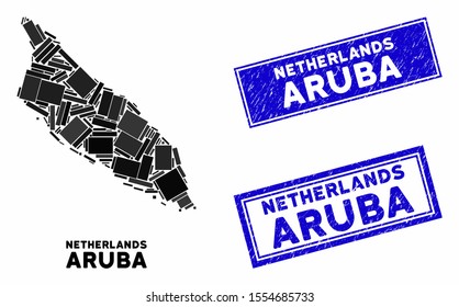 Mosaic Aruba Island map and rectangular seal stamps. Flat vector Aruba Island map mosaic of randomized rotated rectangular elements. Blue caption stamps with grunge surface.
